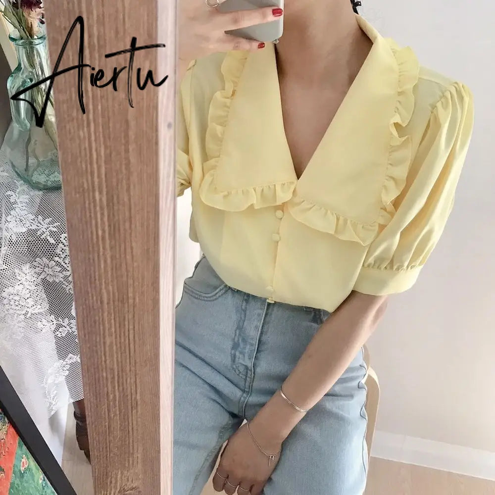Aiertu  Sweet White Chiffon Blouse Women Ruffle Elegant Button Women Shirt Tops Summer Chic Puff Sleeve Blouses Woman Blusas Aiertu