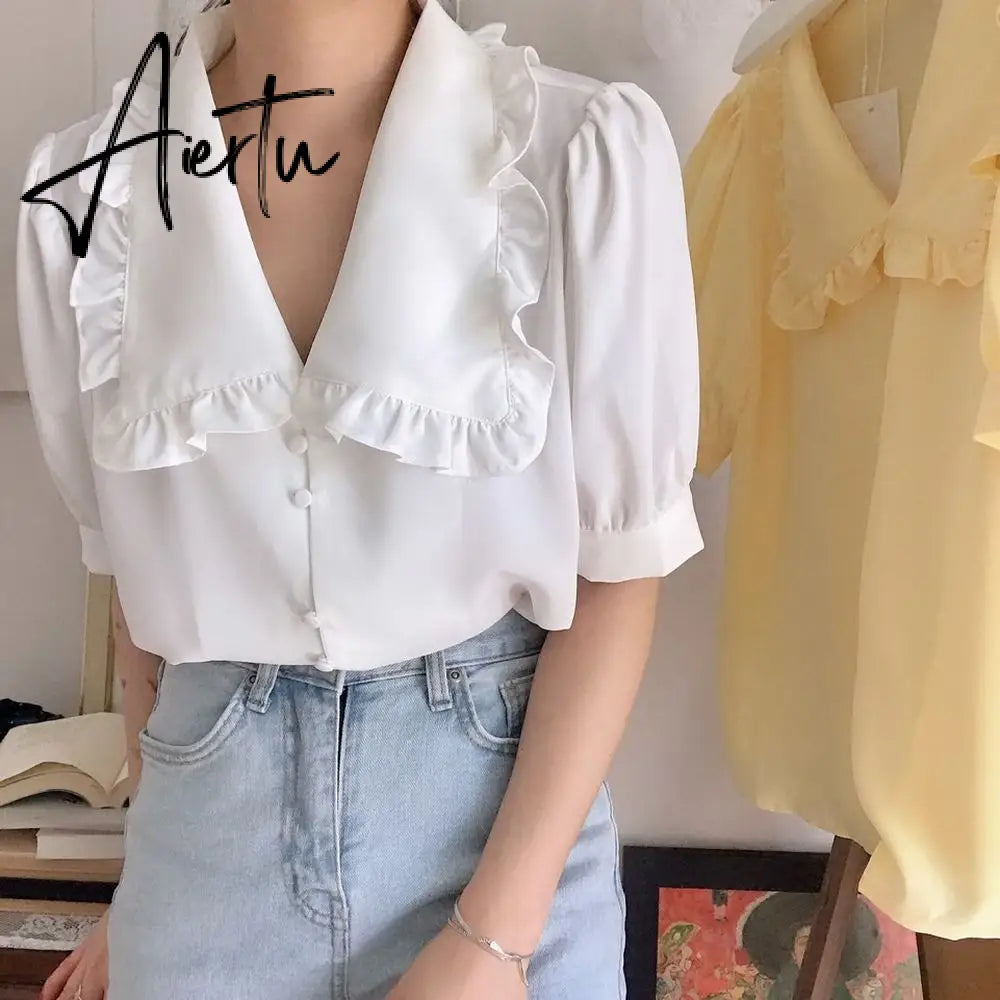 Aiertu  Sweet White Chiffon Blouse Women Ruffle Elegant Button Women Shirt Tops Summer Chic Puff Sleeve Blouses Woman Blusas Aiertu