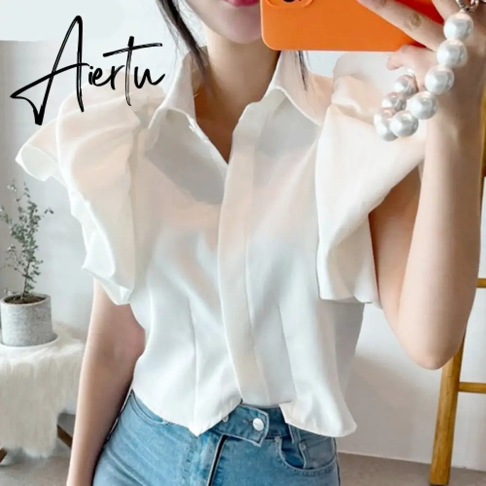 Aiertu  Sweet White Chiffon Blouse Women Ruffle Elegant Button Women Shirt Tops Summer Chic Puff Sleeve Blouses Woman Blusas Aiertu
