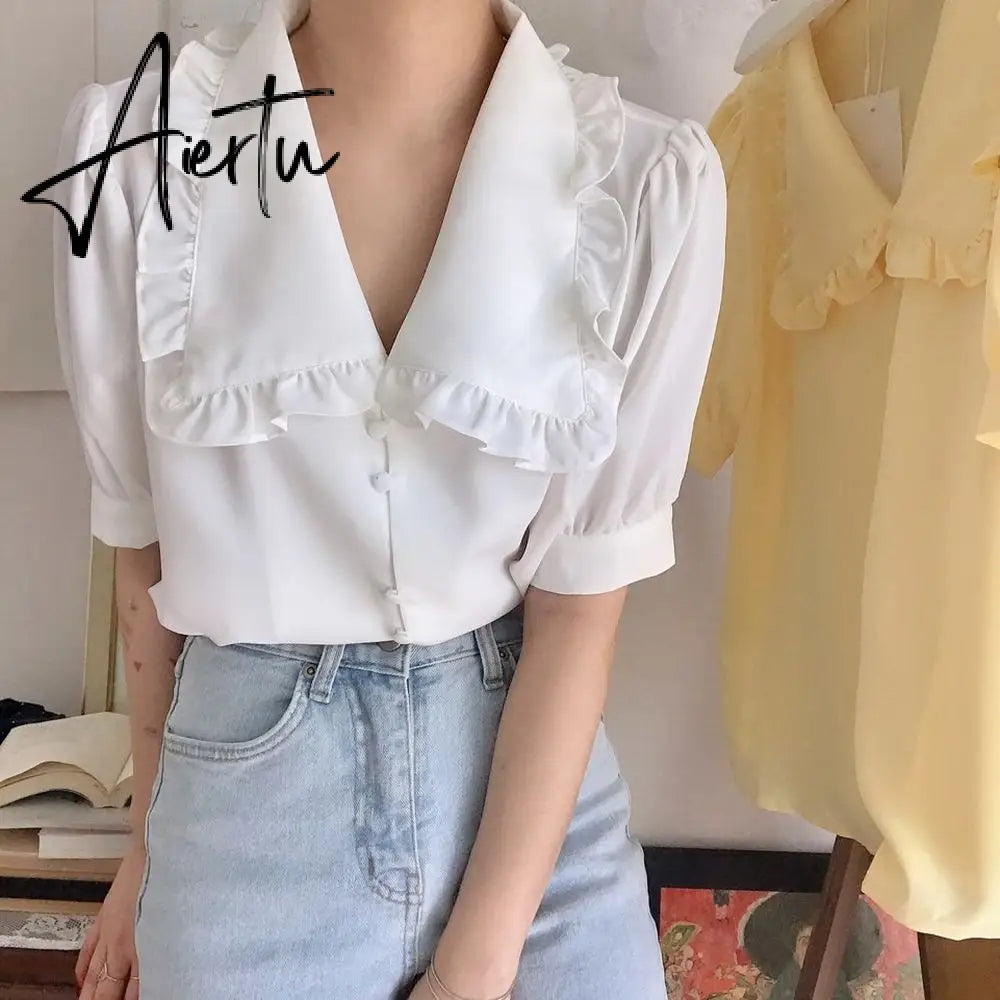 Aiertu  Sweet White Chiffon Blouse Women Ruffle Elegant Button Women Shirt Tops Summer Chic Puff Sleeve Blouses Woman Blusas Aiertu
