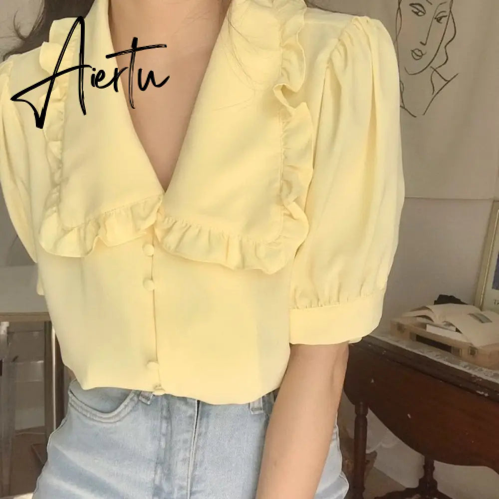 Aiertu  Sweet White Chiffon Blouse Women Ruffle Elegant Button Women Shirt Tops Summer Chic Puff Sleeve Blouses Woman Blusas Aiertu