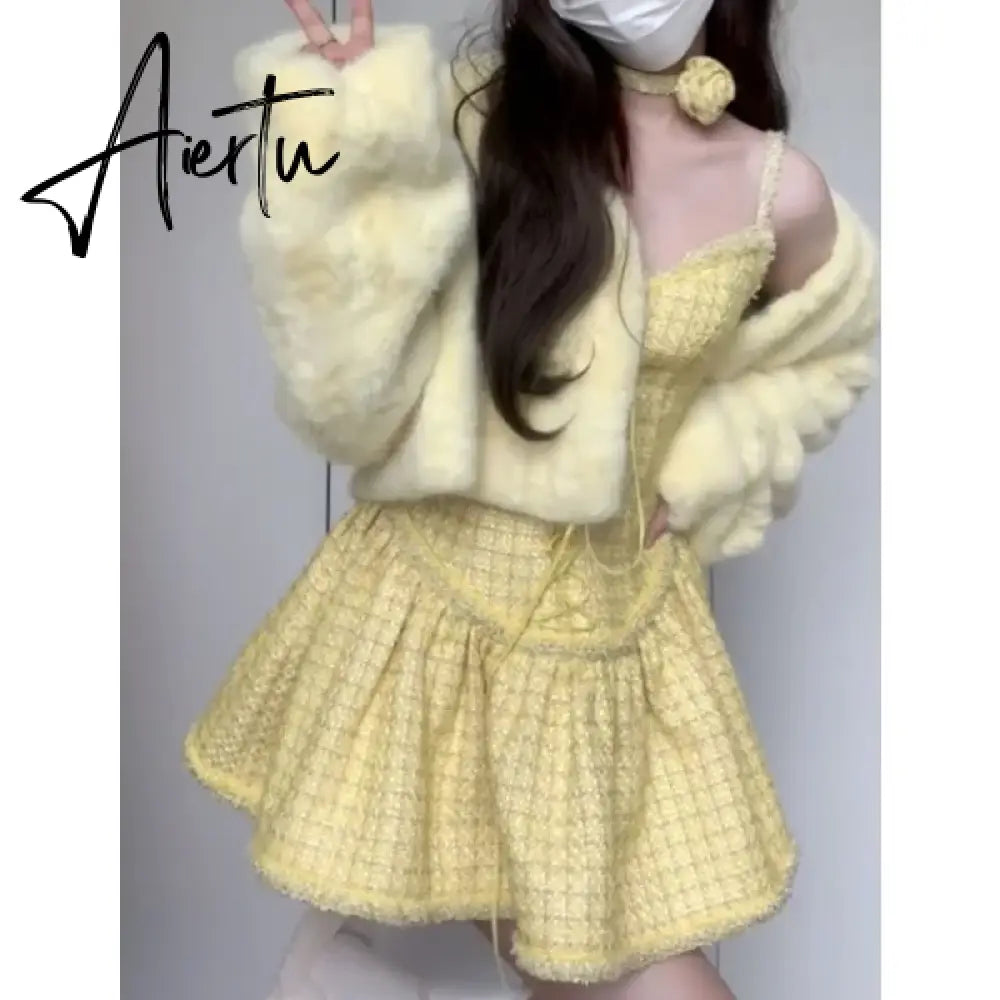 Aiertu Sweet Yellow New Two Piece Set Women Short Solid Coat + Sexy Strap Dress Female Korean Style Cute Party Mini Dress Suits 2024 Aiertu