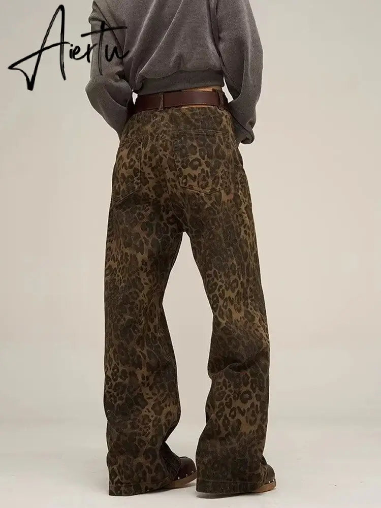 Aiertu Tan Leopard Jeans Women Denim Pants Female Oversize Wide Leg Trousers Streetwear Hip Hop Vintage Clothes Loose Casual Aiertu