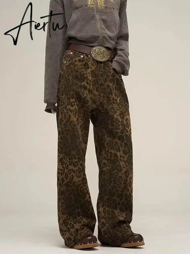 Aiertu Tan Leopard Jeans Women Denim Pants Female Oversize Wide Leg Trousers Streetwear Hip Hop Vintage Clothes Loose Casual Aiertu