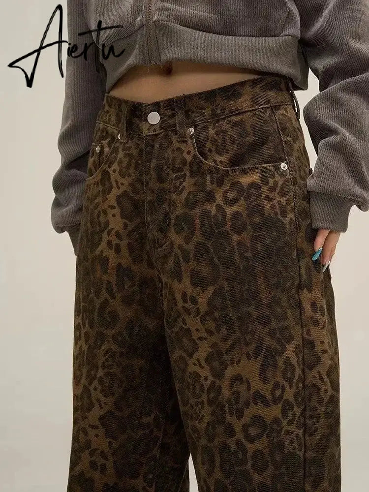 Aiertu Tan Leopard Jeans Women Denim Pants Female Oversize Wide Leg Trousers Streetwear Hip Hop Vintage Clothes Loose Casual Aiertu