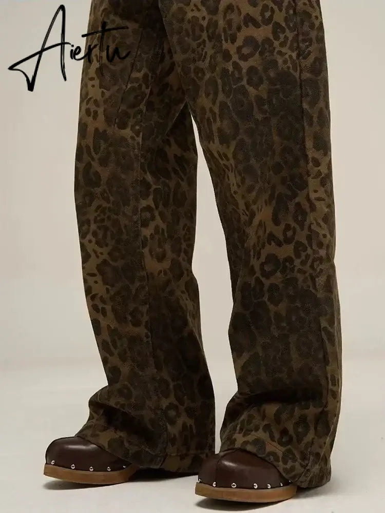Aiertu Tan Leopard Jeans Women Denim Pants Female Oversize Wide Leg Trousers Streetwear Hip Hop Vintage Clothes Loose Casual Aiertu
