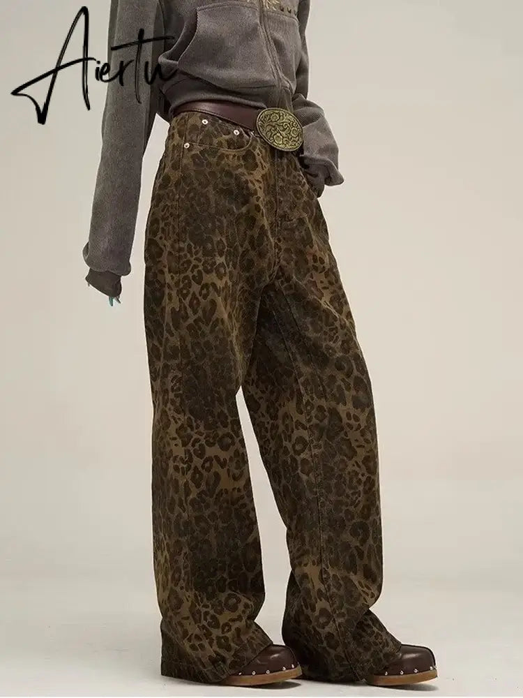 Aiertu Tan Leopard Jeans Women Denim Pants Female Oversize Wide Leg Trousers Streetwear Hip Hop Vintage Clothes Loose Casual Aiertu