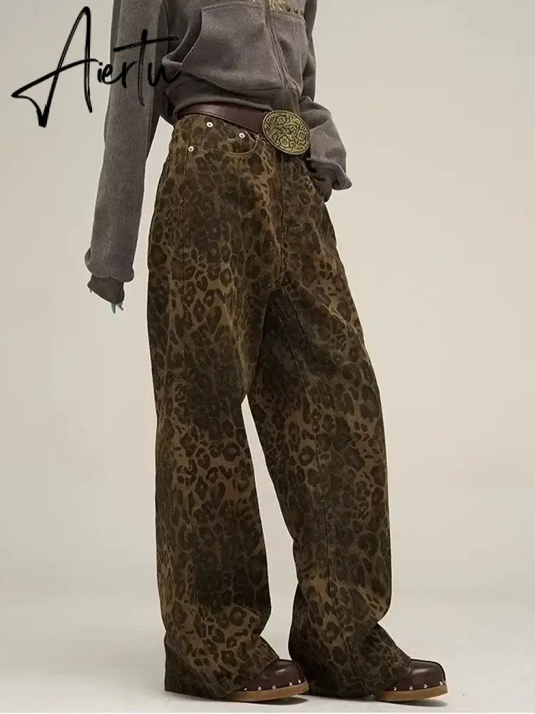 Aiertu Tan Leopard Jeans Women Denim Pants Female Oversize Wide Leg Trousers Streetwear Hip Hop Vintage Clothes Loose Casual Aiertu