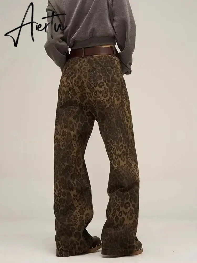 Aiertu Tan Leopard Jeans Women Denim Pants Female Oversize Wide Leg Trousers Streetwear Hip Hop Vintage Clothes Loose Casual Aiertu