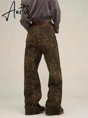 Aiertu Tan Leopard Jeans Women Denim Pants Female Oversize Wide Leg Trousers Streetwear Hip Hop Vintage Clothes Loose Casual Aiertu