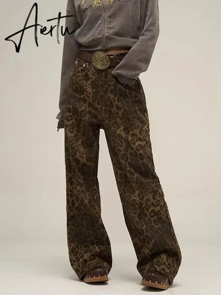 Aiertu Tan Leopard Jeans Women Denim Pants Female Oversize Wide Leg Trousers Streetwear Hip Hop Vintage Clothes Loose Casual Aiertu