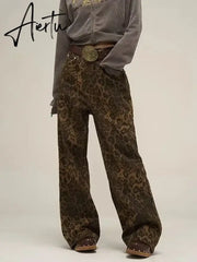 Aiertu Tan Leopard Jeans Women Denim Pants Female Oversize Wide Leg Trousers Streetwear Hip Hop Vintage Clothes Loose Casual Aiertu
