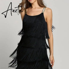 Aiertu Tassel Dress Women Sexy Summer Flapper Beach Dress Strap Low Cut Black Silver White Short Fringe Party Dresses A-005 Aiertu