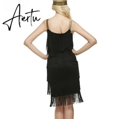 Aiertu Tassel Dress Women Sexy Summer Flapper Beach Dress Strap Low Cut Black Silver White Short Fringe Party Dresses A-005 Aiertu