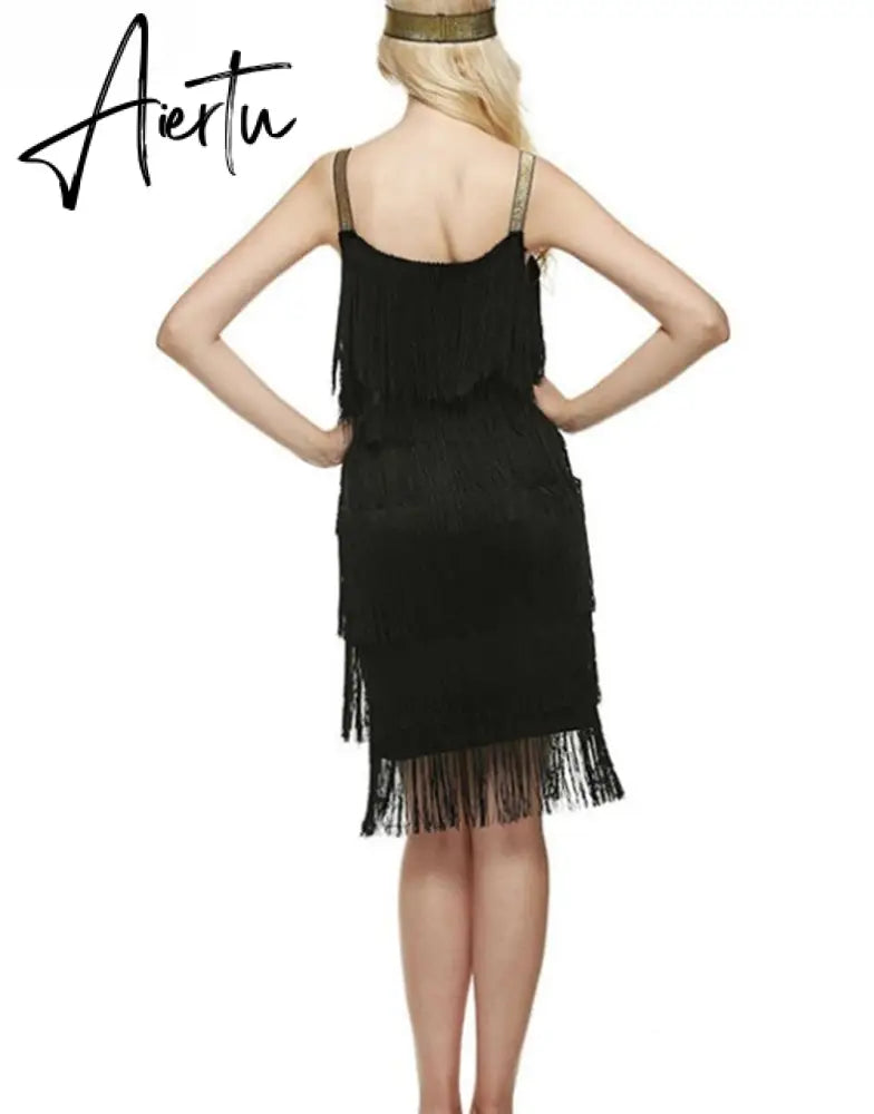 Aiertu Tassel Dress Women Sexy Summer Flapper Beach Dress Strap Low Cut Black Silver White Short Fringe Party Dresses A-005 Aiertu