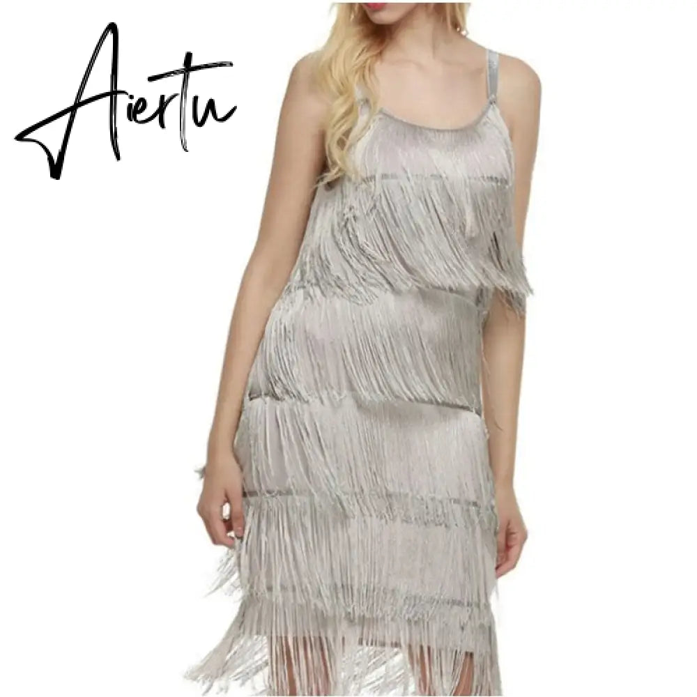 Aiertu Tassel Dress Women Sexy Summer Flapper Beach Dress Strap Low Cut Black Silver White Short Fringe Party Dresses A-005 Aiertu