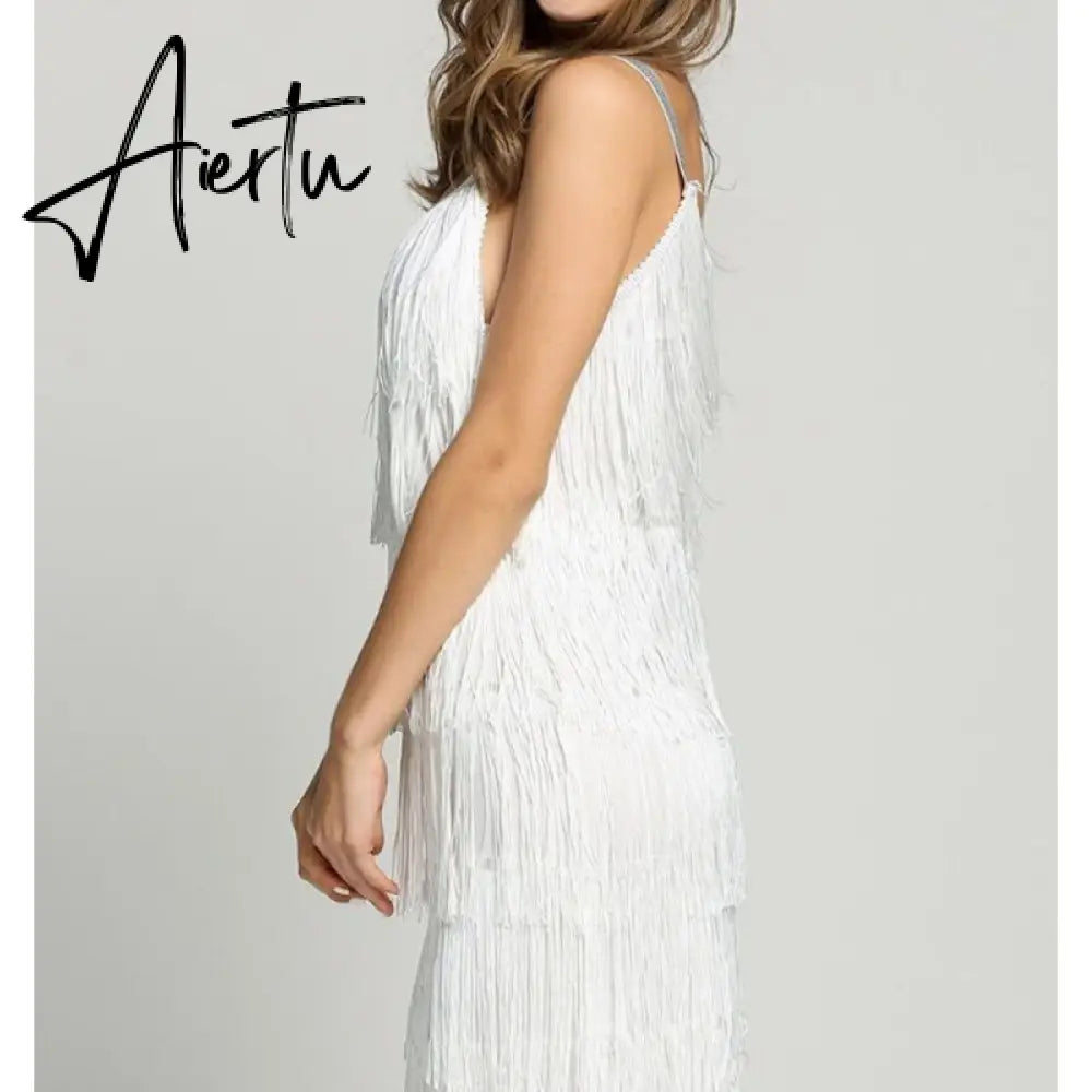 Aiertu Tassel Dress Women Sexy Summer Flapper Beach Dress Strap Low Cut Black Silver White Short Fringe Party Dresses A-005 Aiertu