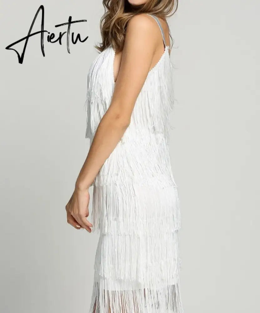 Aiertu Tassel Dress Women Sexy Summer Flapper Beach Dress Strap Low Cut Black Silver White Short Fringe Party Dresses A-005 Aiertu