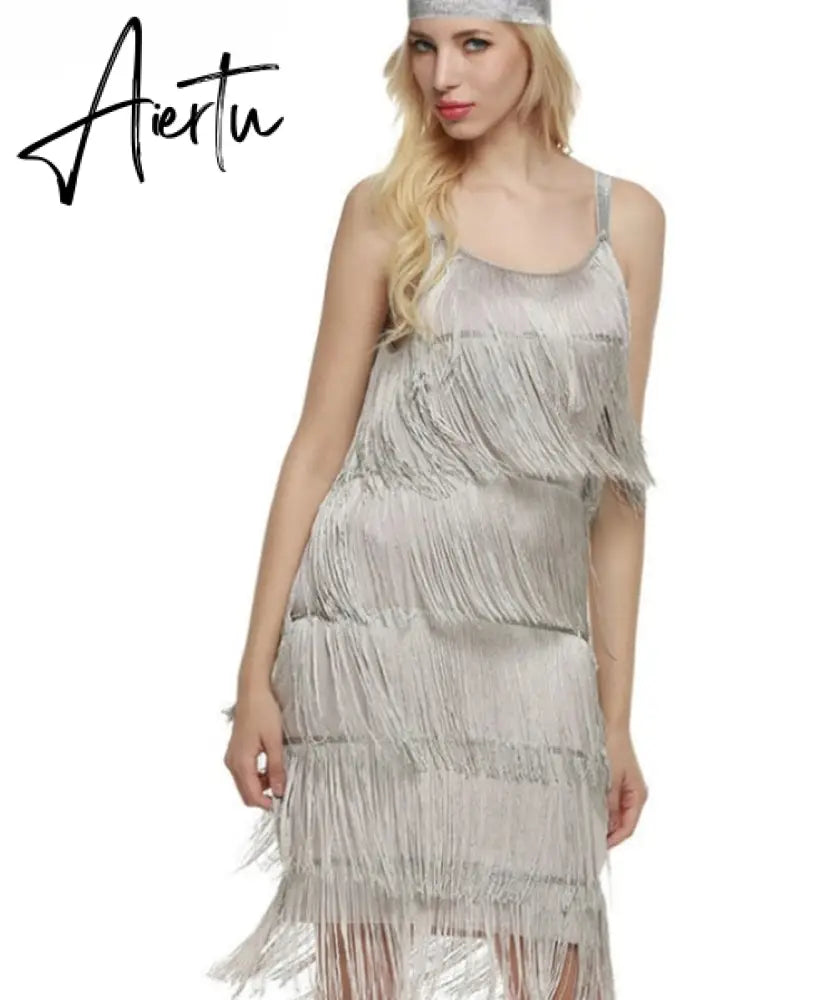 Aiertu Tassel Dress Women Sexy Summer Flapper Beach Dress Strap Low Cut Black Silver White Short Fringe Party Dresses A-005 Aiertu