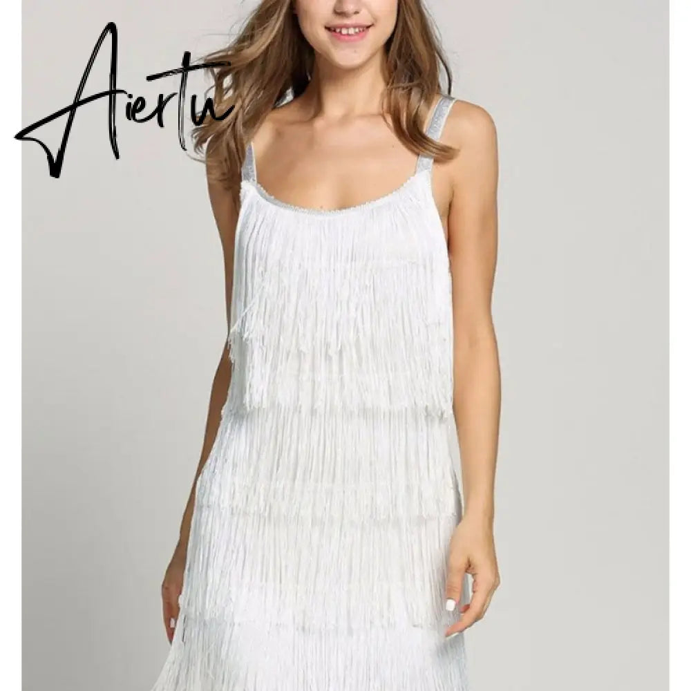 Aiertu Tassel Dress Women Sexy Summer Flapper Beach Dress Strap Low Cut Black Silver White Short Fringe Party Dresses A-005 Aiertu