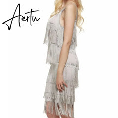Aiertu Tassel Dress Women Sexy Summer Flapper Beach Dress Strap Low Cut Black Silver White Short Fringe Party Dresses A-005 Aiertu