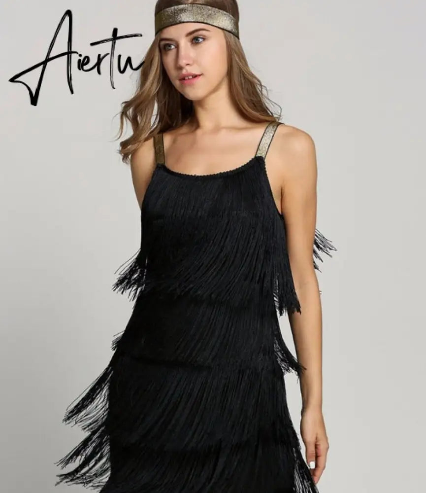 Aiertu Tassel Dress Women Sexy Summer Flapper Beach Dress Strap Low Cut Black Silver White Short Fringe Party Dresses A-005 Aiertu