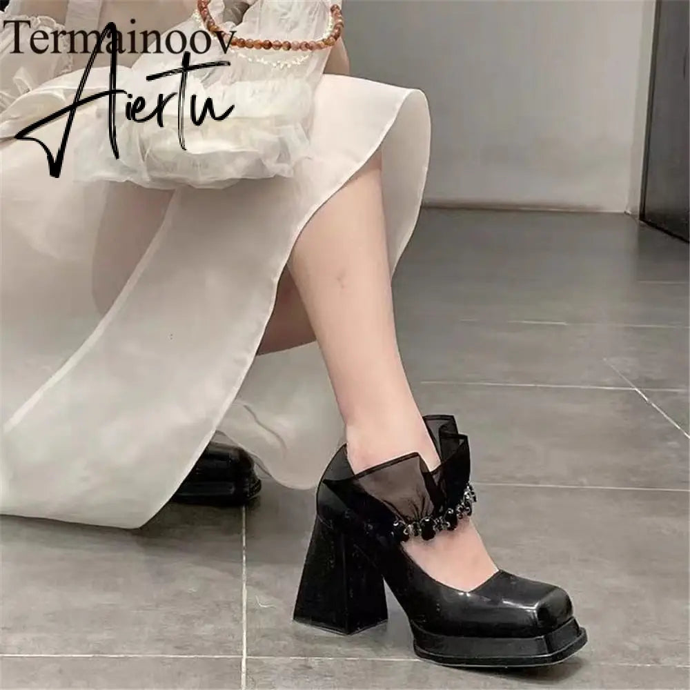 Aiertu Termainoov Women Pumps High Heels Black Rhinestones Mary Jane Square Toe Lace Heeled Chunky Heel Retro Patent Leather New Shoes Aiertu