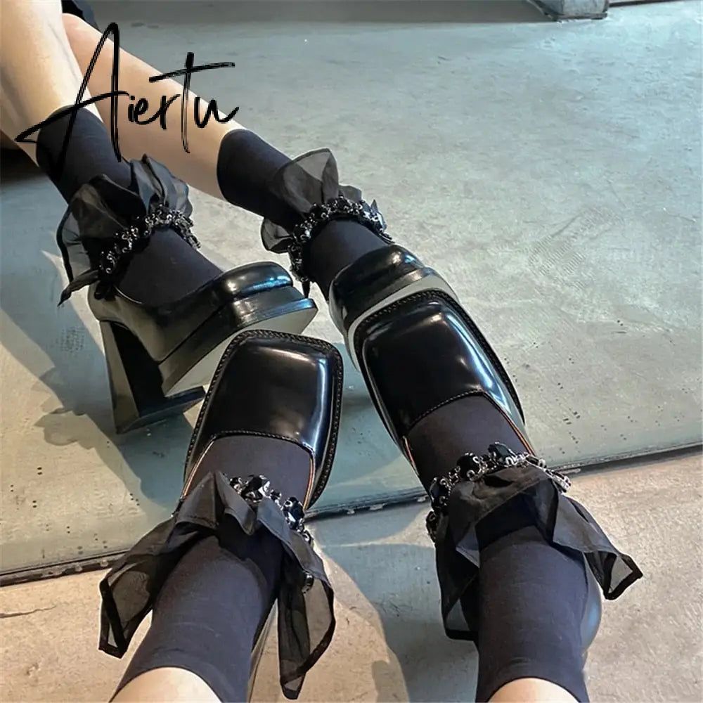 Aiertu Termainoov Women Pumps High Heels Black Rhinestones Mary Jane Square Toe Lace Heeled Chunky Heel Retro Patent Leather New Shoes Aiertu