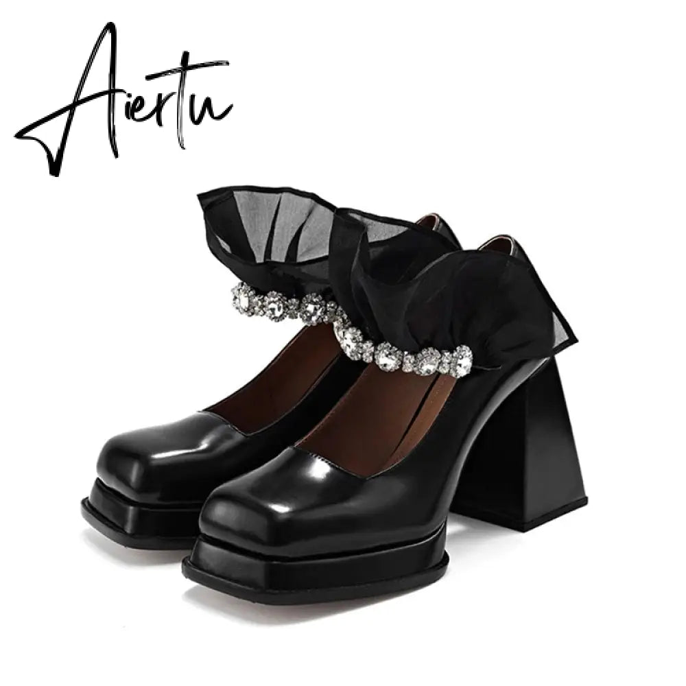 Aiertu Termainoov Women Pumps High Heels Black Rhinestones Mary Jane Square Toe Lace Heeled Chunky Heel Retro Patent Leather New Shoes Aiertu