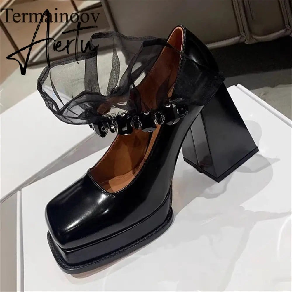 Aiertu Termainoov Women Pumps High Heels Black Rhinestones Mary Jane Square Toe Lace Heeled Chunky Heel Retro Patent Leather New Shoes Aiertu