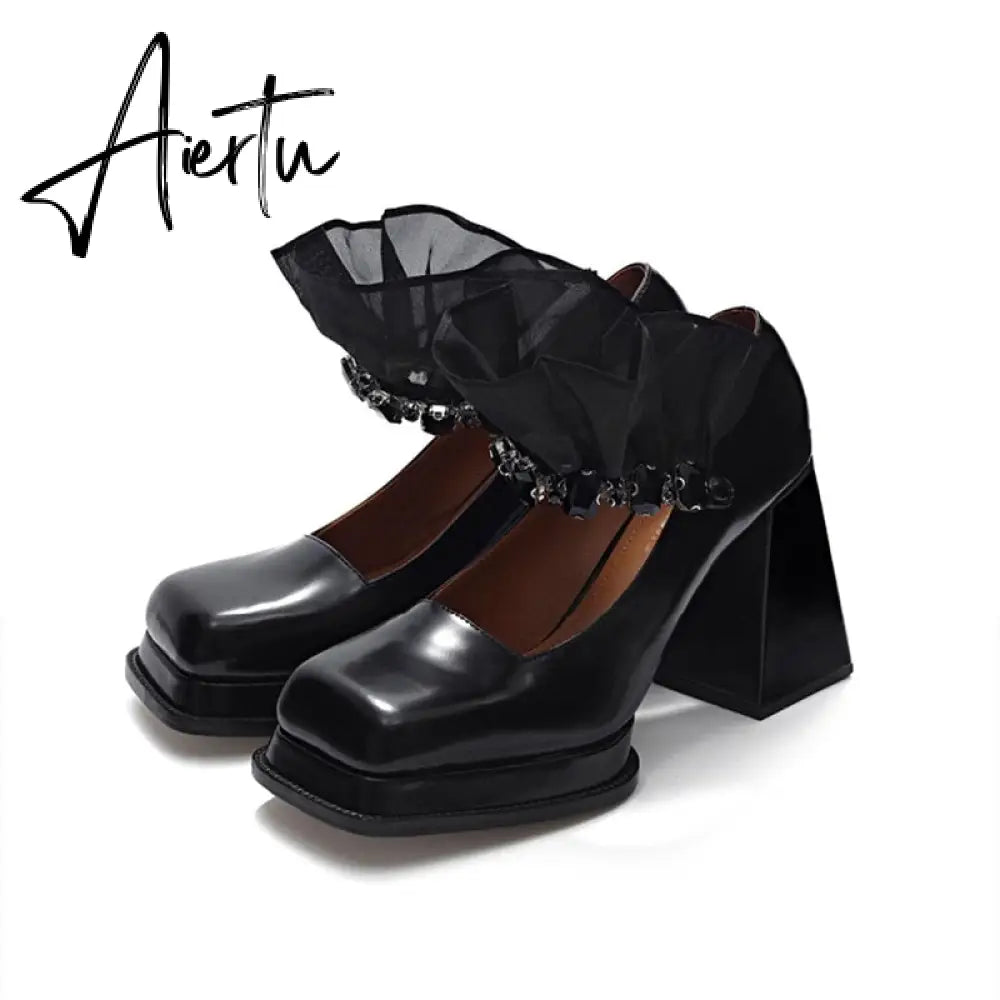 Aiertu Termainoov Women Pumps High Heels Black Rhinestones Mary Jane Square Toe Lace Heeled Chunky Heel Retro Patent Leather New Shoes Aiertu