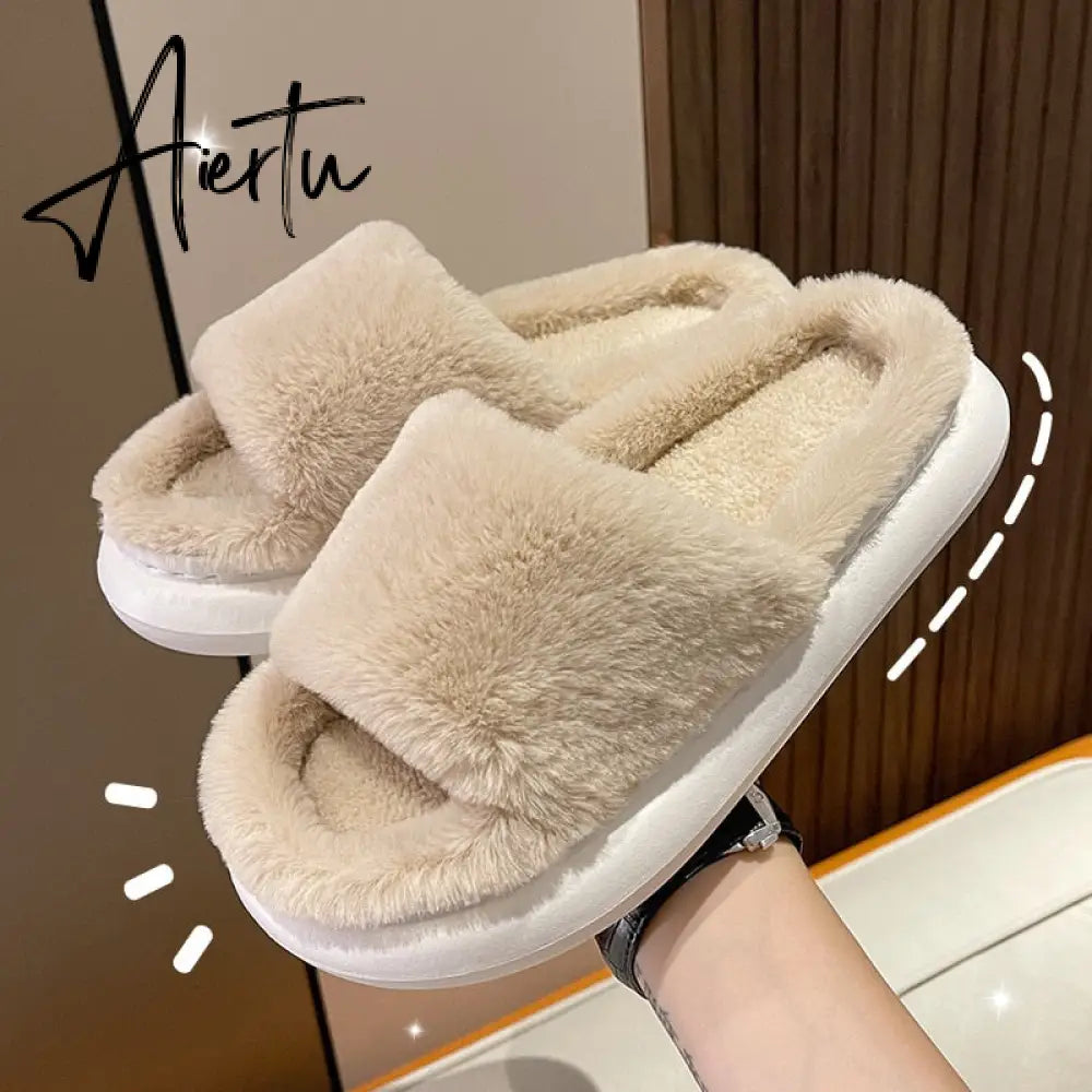Aiertu Thick Fluffy Fur Slippers New Women Winter House Warm Furry Slippers Women Flip Flops Home Slides Flat Indoor Floor Shoes Aiertu