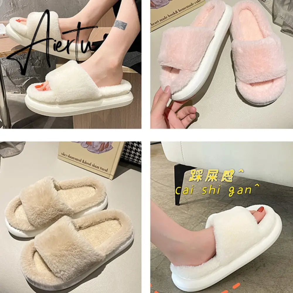 Aiertu Thick Fluffy Fur Slippers New Women Winter House Warm Furry Slippers Women Flip Flops Home Slides Flat Indoor Floor Shoes Aiertu