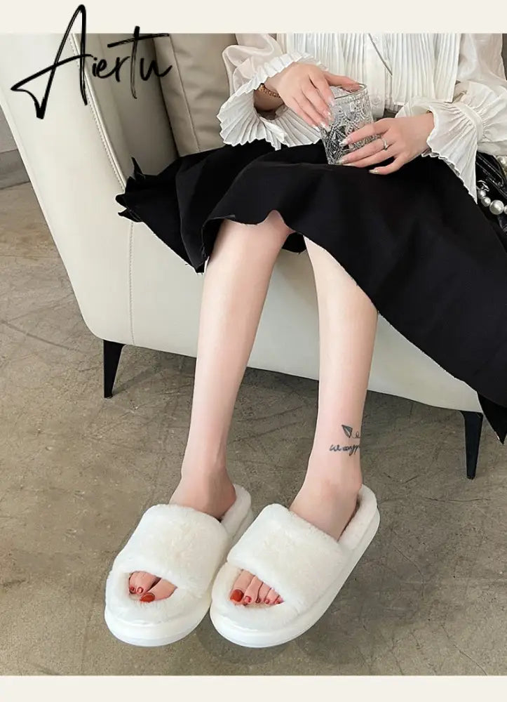 Aiertu Thick Fluffy Fur Slippers New Women Winter House Warm Furry Slippers Women Flip Flops Home Slides Flat Indoor Floor Shoes Aiertu