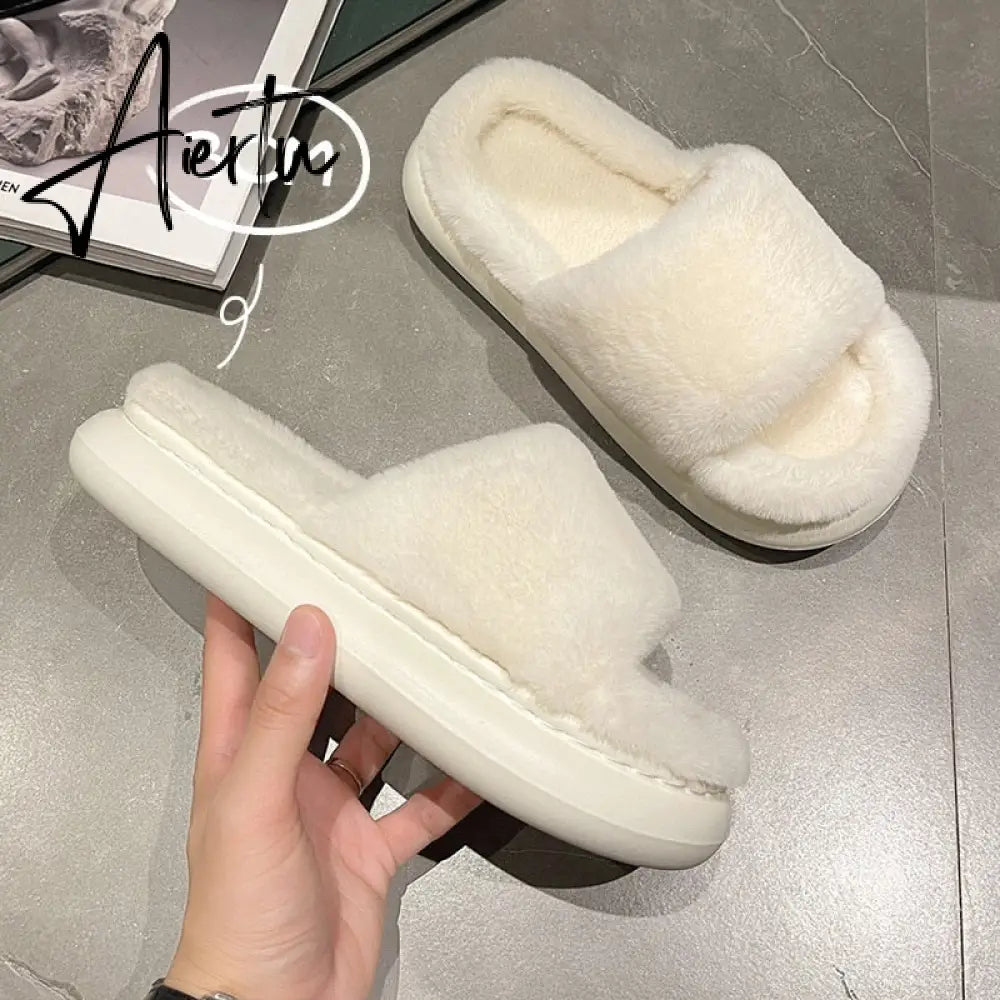 Aiertu Thick Fluffy Fur Slippers New Women Winter House Warm Furry Slippers Women Flip Flops Home Slides Flat Indoor Floor Shoes Aiertu