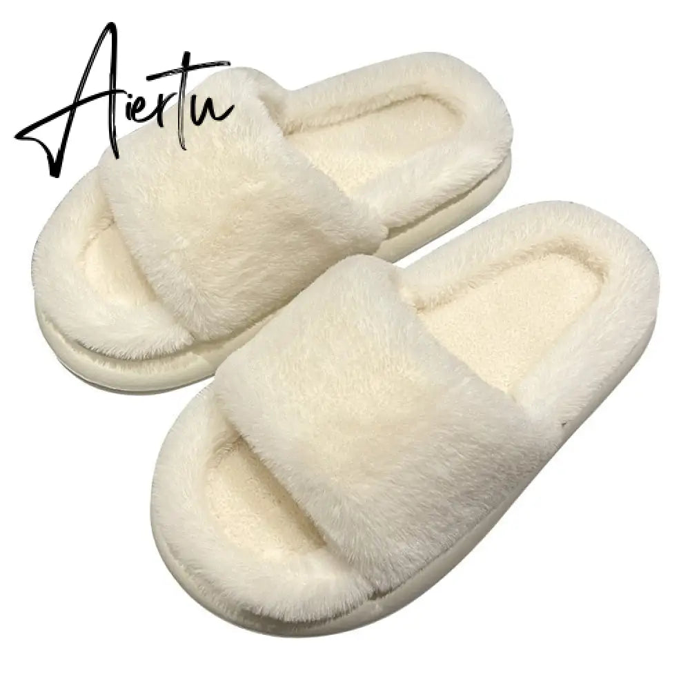 Aiertu Thick Fluffy Fur Slippers New Women Winter House Warm Furry Slippers Women Flip Flops Home Slides Flat Indoor Floor Shoes Aiertu