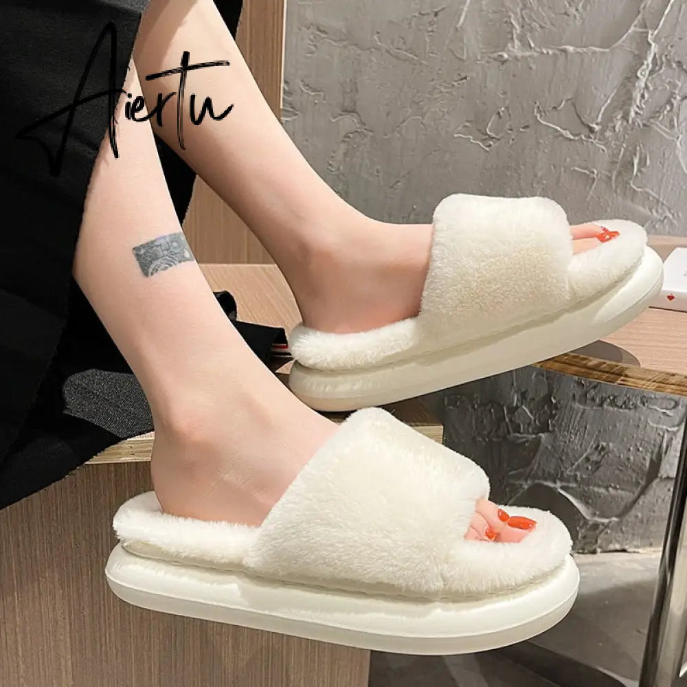 Aiertu Thick Fluffy Fur Slippers New Women Winter House Warm Furry Slippers Women Flip Flops Home Slides Flat Indoor Floor Shoes Aiertu