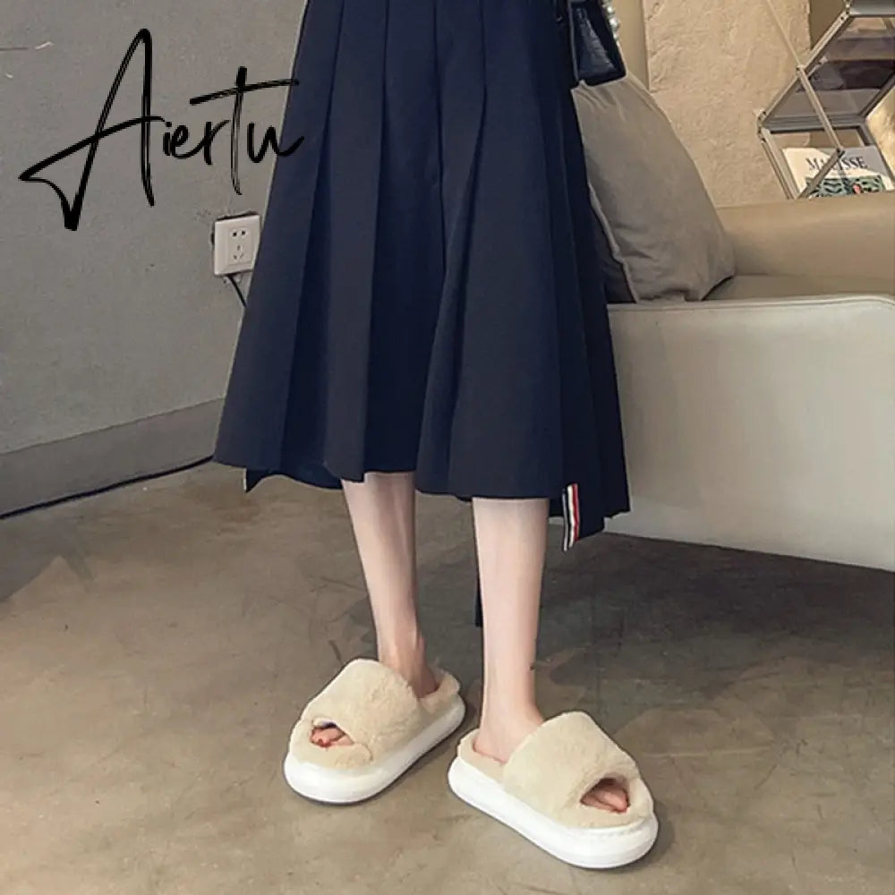 Aiertu Thick Fluffy Fur Slippers New Women Winter House Warm Furry Slippers Women Flip Flops Home Slides Flat Indoor Floor Shoes Aiertu
