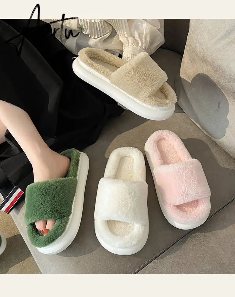 Aiertu Thick Fluffy Fur Slippers New Women Winter House Warm Furry Slippers Women Flip Flops Home Slides Flat Indoor Floor Shoes Aiertu