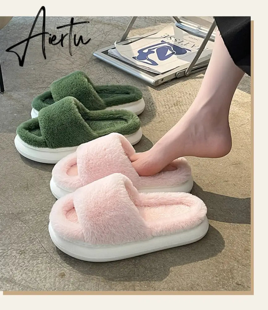Aiertu Thick Fluffy Fur Slippers New Women Winter House Warm Furry Slippers Women Flip Flops Home Slides Flat Indoor Floor Shoes Aiertu