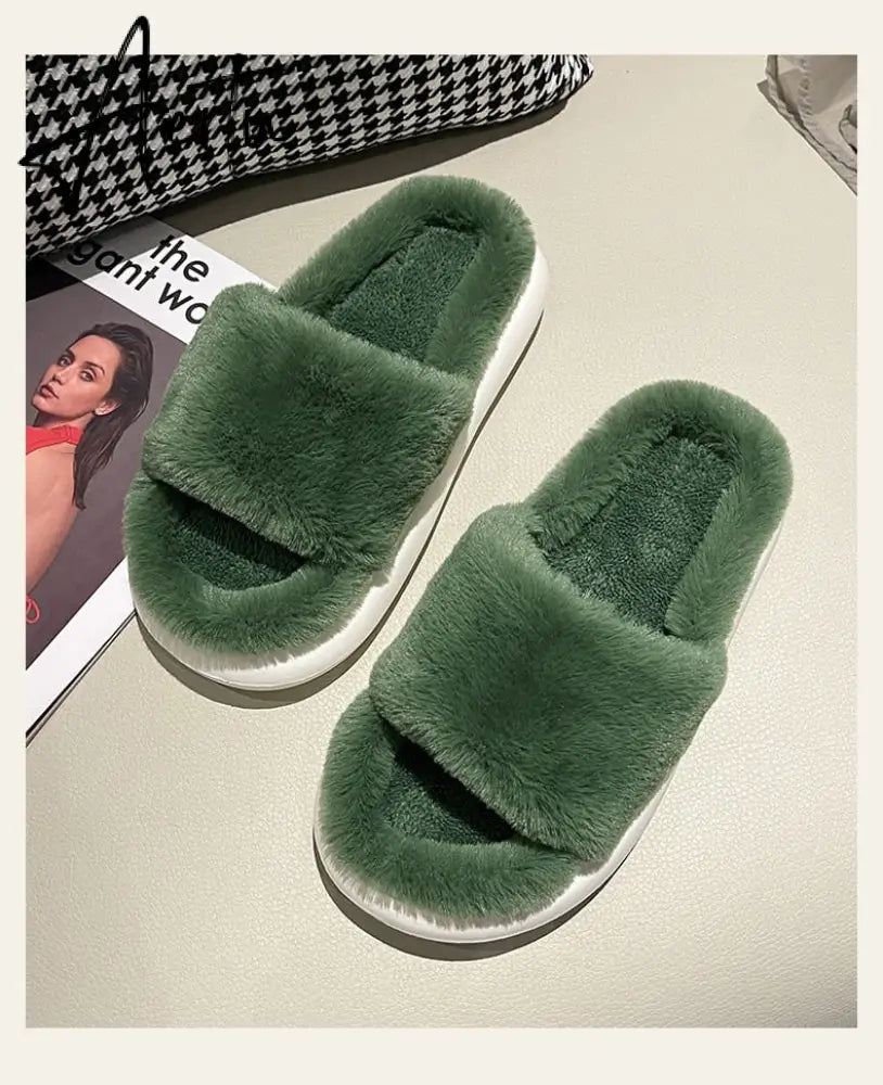Aiertu Thick Fluffy Fur Slippers New Women Winter House Warm Furry Slippers Women Flip Flops Home Slides Flat Indoor Floor Shoes Aiertu