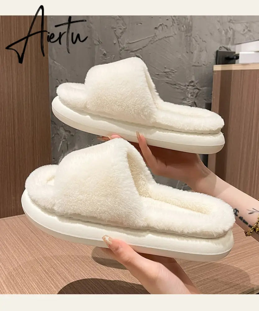 Aiertu Thick Fluffy Fur Slippers New Women Winter House Warm Furry Slippers Women Flip Flops Home Slides Flat Indoor Floor Shoes Aiertu