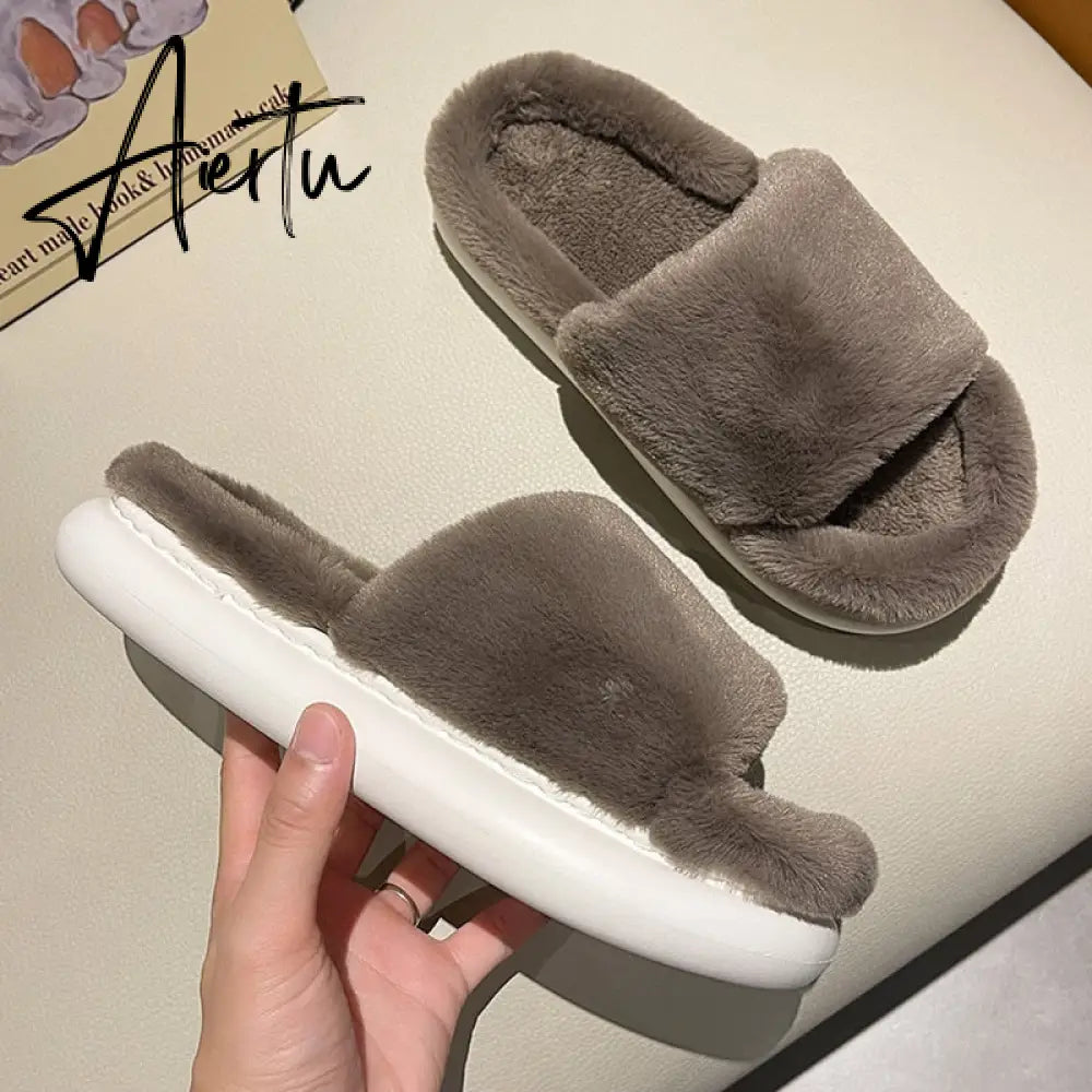 Aiertu Thick Fluffy Fur Slippers New Women Winter House Warm Furry Slippers Women Flip Flops Home Slides Flat Indoor Floor Shoes Aiertu