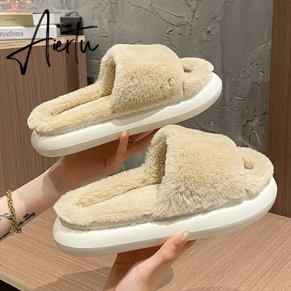 Aiertu Thick Fluffy Fur Slippers New Women Winter House Warm Furry Slippers Women Flip Flops Home Slides Flat Indoor Floor Shoes Aiertu