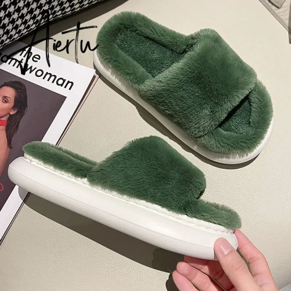 Aiertu Thick Fluffy Fur Slippers New Women Winter House Warm Furry Slippers Women Flip Flops Home Slides Flat Indoor Floor Shoes Aiertu