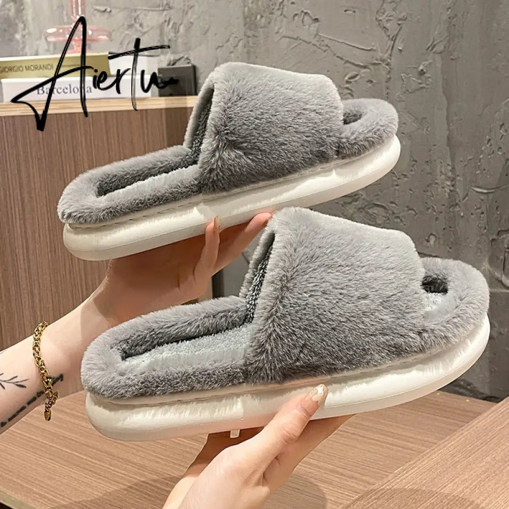 Aiertu Thick Fluffy Fur Slippers New Women Winter House Warm Furry Slippers Women Flip Flops Home Slides Flat Indoor Floor Shoes Aiertu