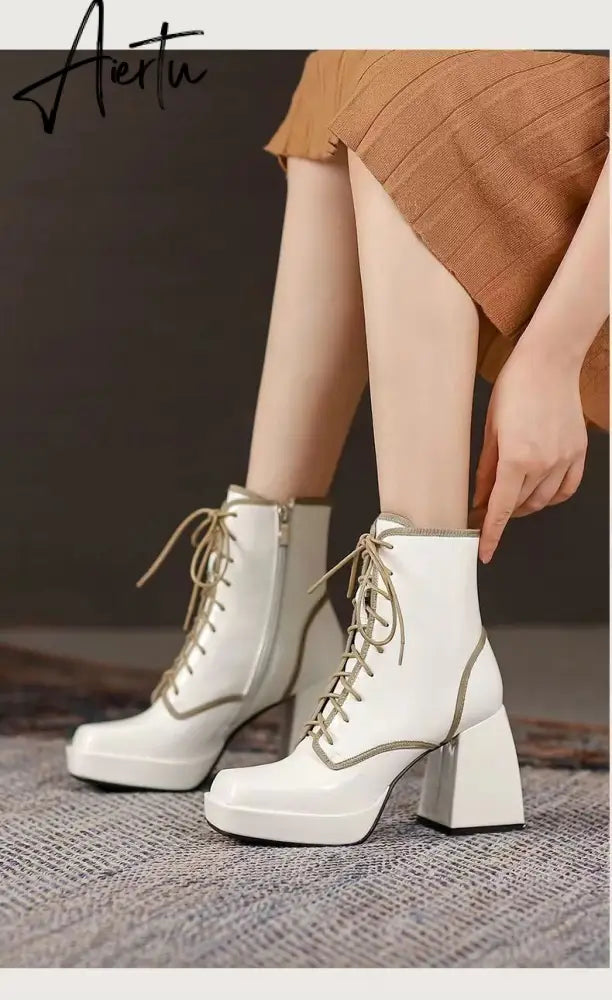Aiertu  Thick Heel  Boots Autumn Winter New Fashion Side Zipper Lace Non-slip Waterproof Platform Thick-soled Women's Boots ANKLE Aiertu