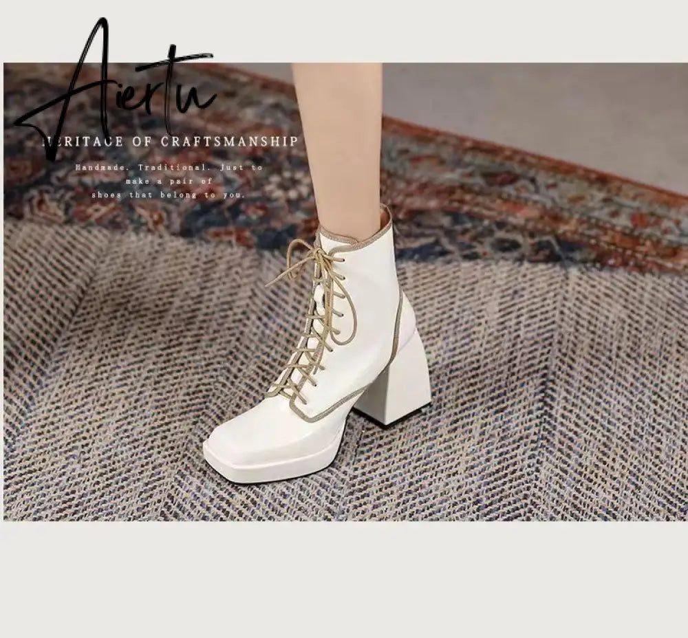 Aiertu  Thick Heel  Boots Autumn Winter New Fashion Side Zipper Lace Non-slip Waterproof Platform Thick-soled Women's Boots ANKLE Aiertu