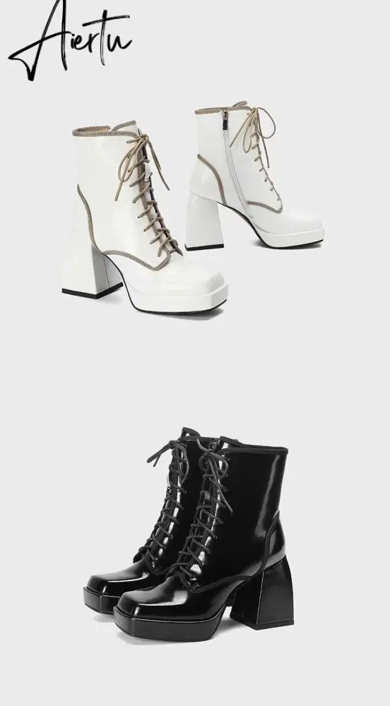 Aiertu  Thick Heel  Boots Autumn Winter New Fashion Side Zipper Lace Non-slip Waterproof Platform Thick-soled Women's Boots ANKLE Aiertu