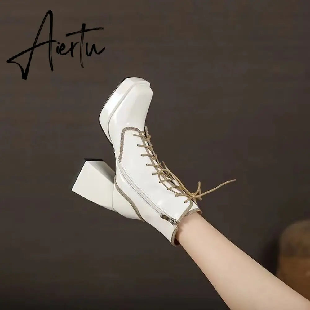Aiertu  Thick Heel  Boots Autumn Winter New Fashion Side Zipper Lace Non-slip Waterproof Platform Thick-soled Women's Boots ANKLE Aiertu